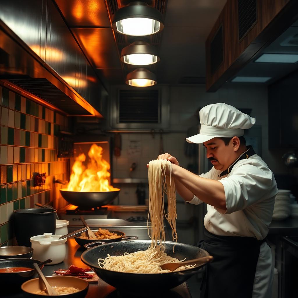 Cuisine ouverte, chef en plein service
